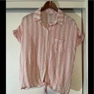 Old Navy pink and white striped linen/cotton blend button down blouse